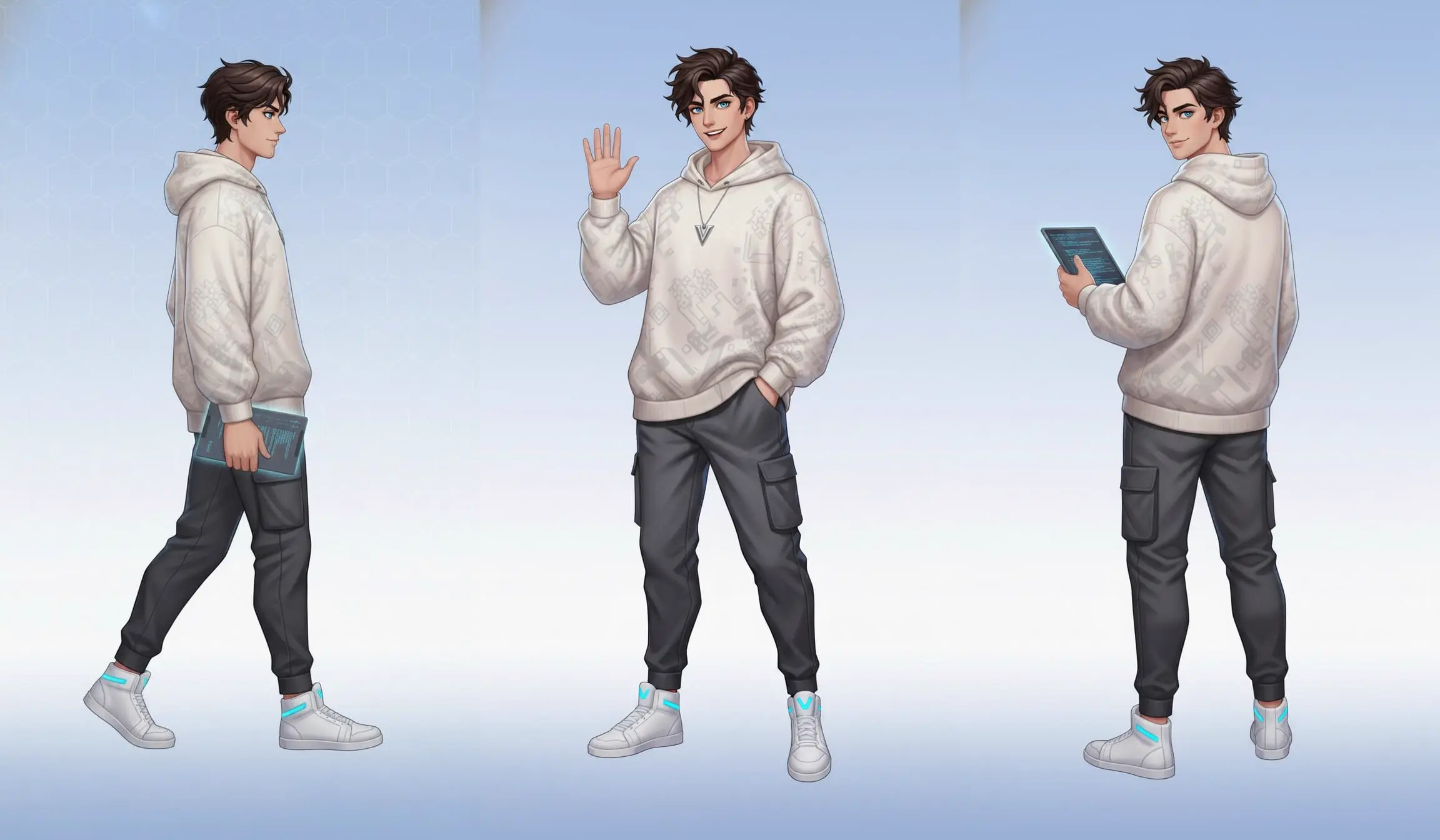 Character walking, waving and turning in a motion concept illustration