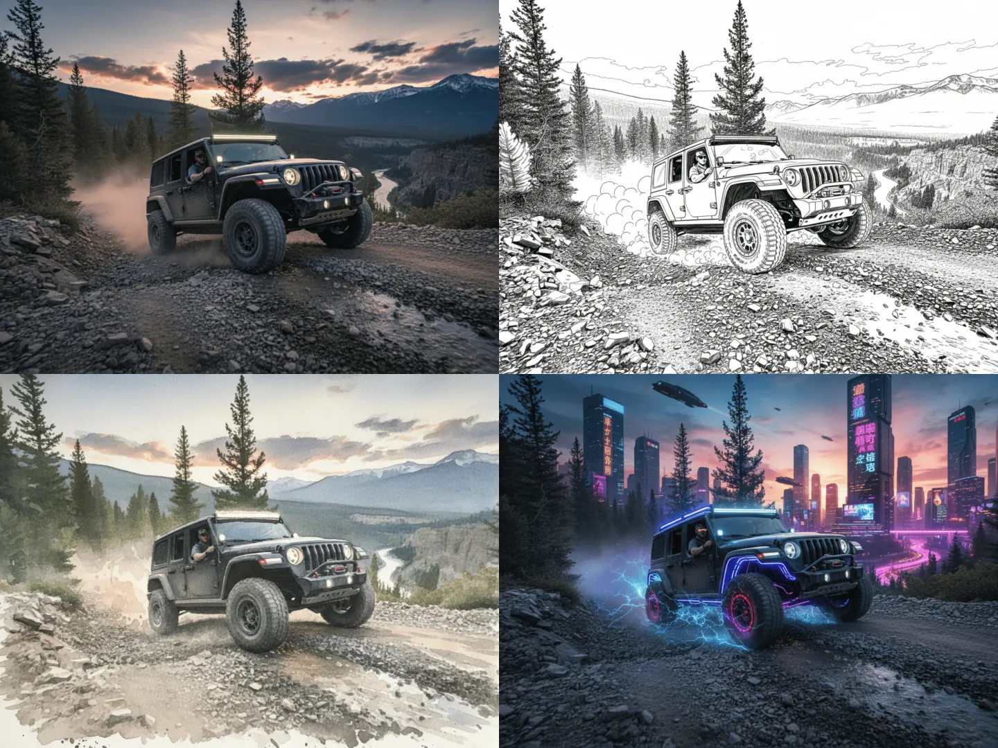 An off-road vehicle shown in realistic, sketch and neon visual styles